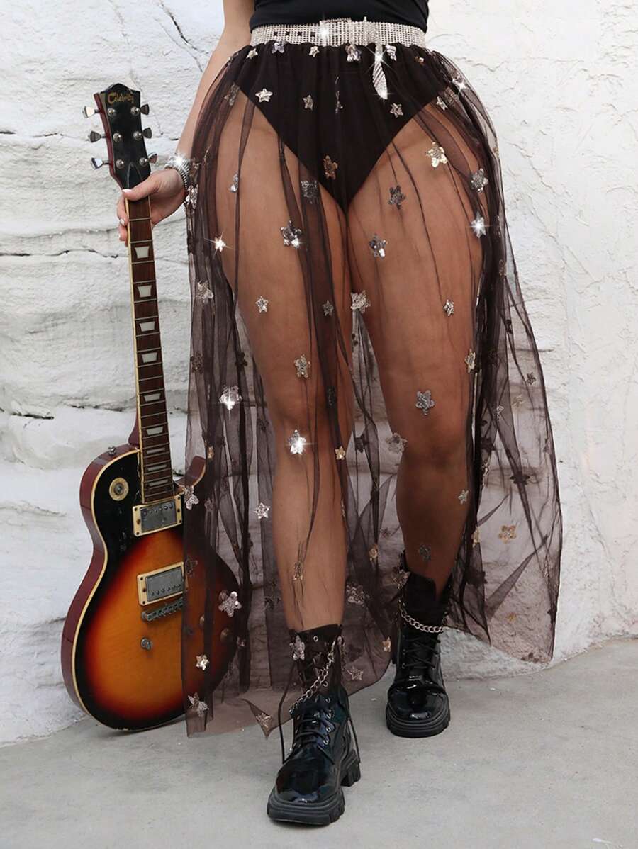 INAWLY Solva Plus Size Fashionable Sexy Sequin Mesh See-Through Skirt