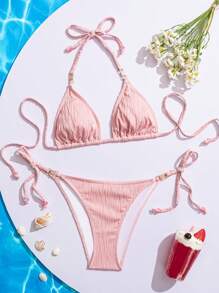 SHEIN Swim Bộ 2 bộ đồ bơi bikini hở lưng gợi cảm cho nữ, đồ bơi mùa xuân màu hồng, phong cách nghỉ dưỡng thời trang - Hồng - Xem 3