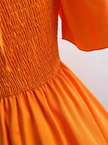 Soleia Orange Strapless Shirred Waist Balloon Sleeve A-Line Mini Dress For Women,Dress For Women,Vacation Dress Women,Birthday Dress For Women,Mardi Gras,Spring/Summer Dress For Women,Music Festival Outfit Women,Easter Dress Women,Western Wear Women,Graduation Dress