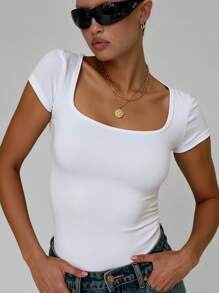 SHEIN Essnce Camiseta unicolor de cuello cuadrado