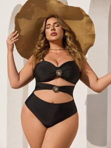 SHEIN Swim Curve Plus Size Solid Color Floral Metal Decor One-Piece Swimsuit, Minimalist Daily Wear Summer Vacation Holiday Beach Swimsuit For Women - Black - View 7