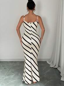 Chiquease 女式超长优雅杏色条纹休闲/工作合身吊带连衣裙