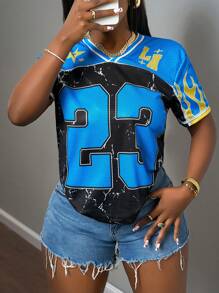Slaydiva New Spring And Summer Casual Street Sports Style V-Neck Loose Raglan Sleeves 23 Slogans Logo Blue Splicing Smudged Tattered Black Yellow Flame All-Over Printed Women's T-Shirt-A