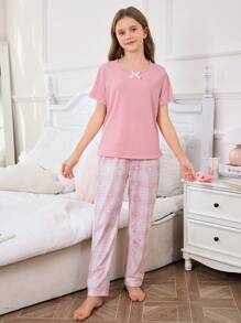 2pcs Girls Casual Heart Plaid Short Sleeve Top With Bow And Pants Set, Home Outfit - Pink - View 5