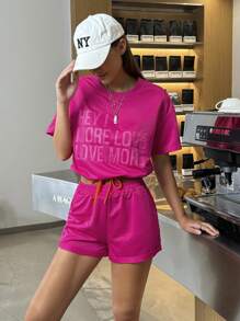 INAWLY Women's Casual Slogan Printed Short Sleeve T-Shirt And Shorts Set, Summer
