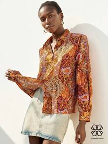 Aveloria Modichic Blusa de mujer de estilo bohemio nómada con estampado, cuello vuelto y manga larga