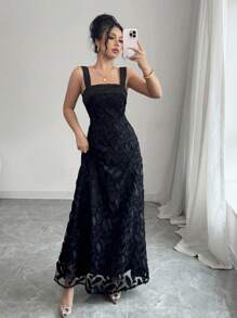 SHEIN Unity Women Mesh Embroidered Lace Trim Slip Dress Maxi Gown - Black - View 5