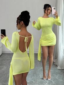 Elenzga Sexy Backless Lace-Up Knit Dress, European & American Stylish Beach Vacation, For Women Fall Cloth For Women - Green - View 1