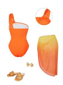 Swim Oasis 2 piezas Traje de baño de una pieza con un solo hombro y falda de cobertura de tela texturizada para mujer de talla grande, estampado de color degradado, estilo de vacaciones en la playa, atuendo para vacaciones de verano en la playa - Naranja - Ver 2