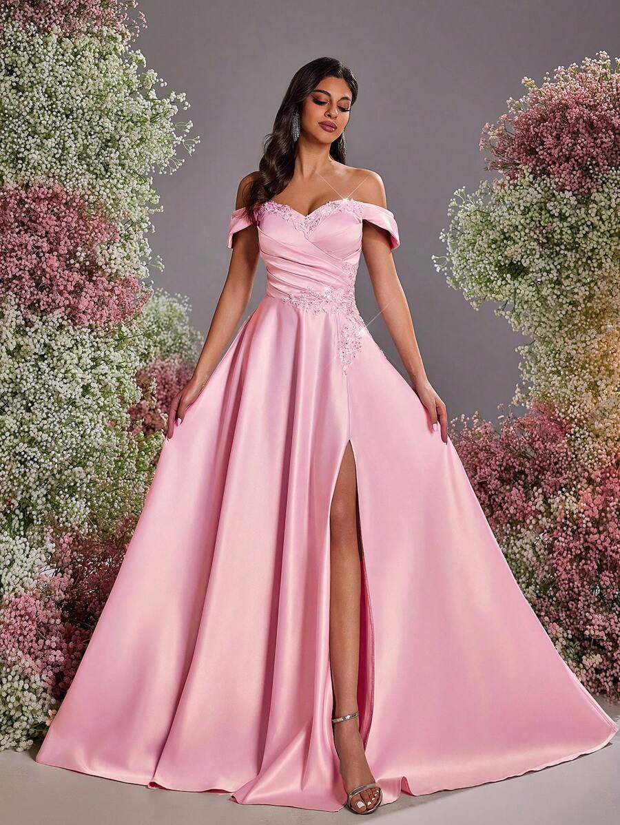 Glamrae Váy xòe xếp nếp bằng vải satin hở vai sang trọng, sang trọng, phù hợp cho đám cưới, tiệc tùng, cocktail, sự kiện trang trọng, váy dự tiệc, váy dự tiệc cưới, váy dạ hội - Bụi hồng - Xem 1