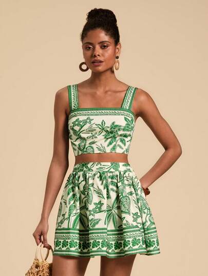 Travachic Conjunto de top de tirantes y falda con estampado floral, conjunto de ropa de verano para mujer, ropa de vacaciones tropicales para mujer, conjunto de 2 piezas para mujer