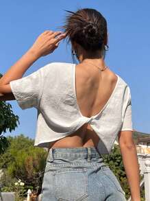 SHEIN EZwear Summer Holiday White Backless Twist Detail Loose Crop Top - White - View 3