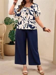 EMERY ROSE Plus Size 2Pcs Set Geometric Pattern, Minimalist Fashion Casual Everyday Wear,Western Wear Women