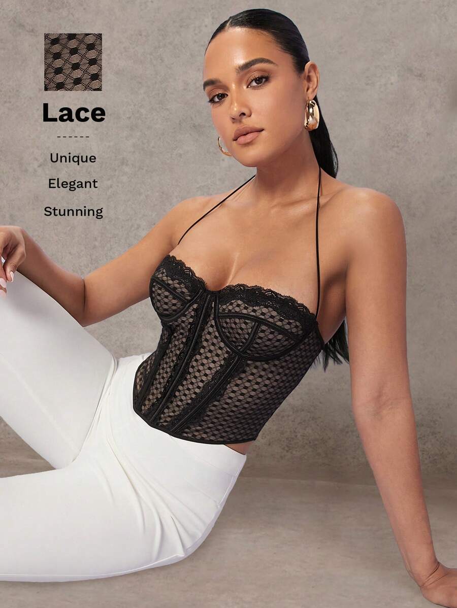 SHEIN BAE Lace Trim Backless Halter Top - Black - View 1