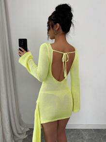 Elenzga Sexy Backless Lace-Up Knit Dress, European & American Stylish Beach Vacation, For Women Fall Cloth For Women - Green - View 3