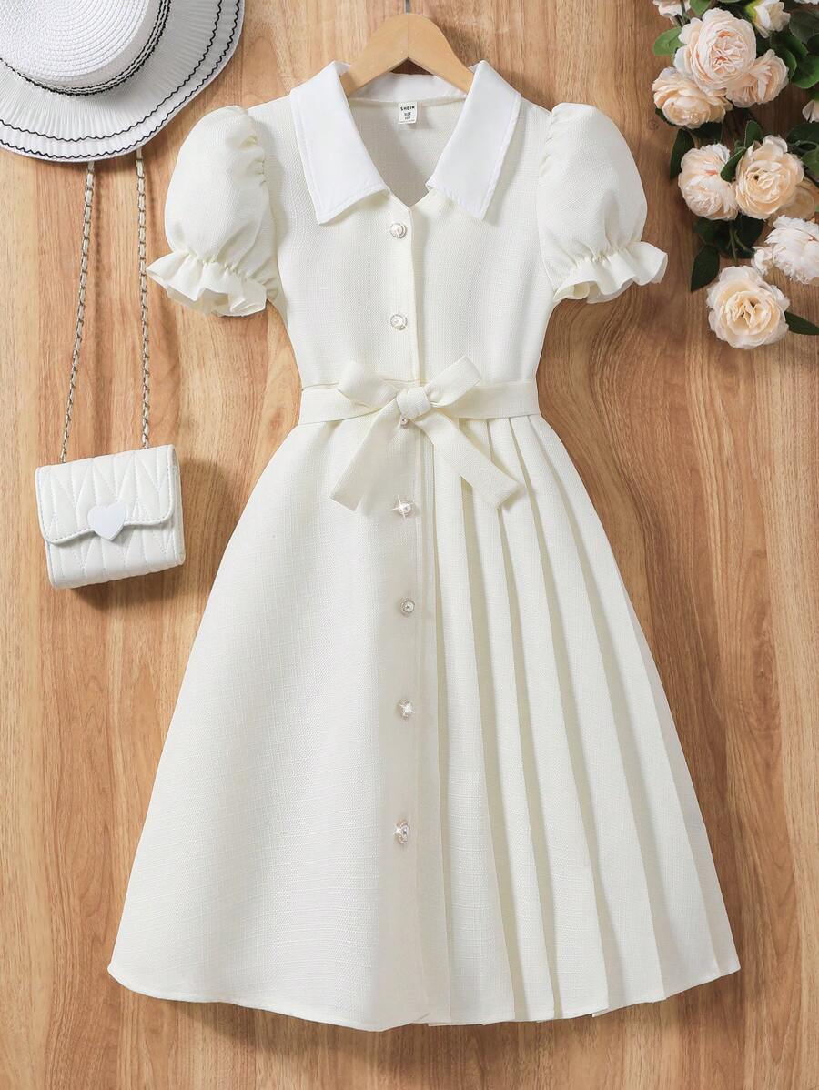 SHEIN Tween Girl Beige Bubble Short Sleeve Elegant School Style Single-Breasted Dress, Summer - Beige - View 1