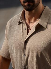 Manfinity Homme Men Plus Size Solid Front Button Short Sleeve Shirt And Shorts Set, Simple Design - Khaki - View 3