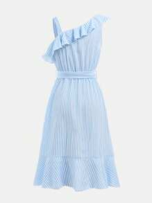SHEIN Teens (Girls) Sleeveless Striped Front Tie Casual Simple Dress - Blue - View 5