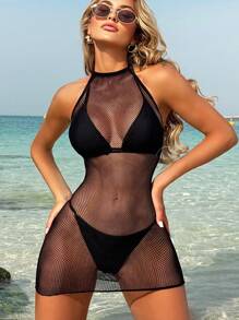 SHEIN Swim SXY Women's Sexy Hollow Neck Backless Cover Up Wrap Dress, Mini Party Dress, Festival Boho, For Summer Beach Vacation