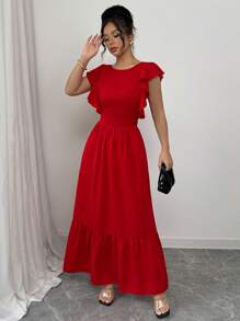 Elenzga New Flowy Open Back Bowknot Women Long Dress - Red - View 6
