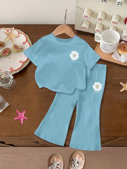 SHEIN Leap Crew Baby Girl Casual Simple Short Sleeve Outfit, Suitable For Spring/Summer