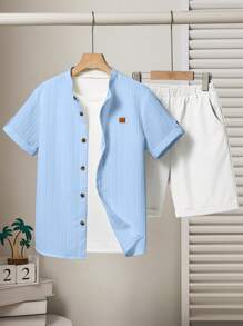 SHEIN 青少年男孩宽松立领短袖衬衫和短裤 2 件套