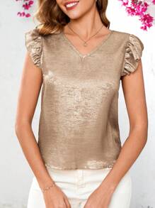 SHEIN Clasi Blusa holgada elegante y casual con mangas sin mangas con volantes y revestimiento metálico dorado, apta para primavera y verano