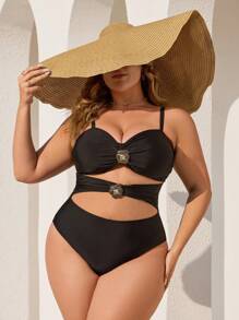 SHEIN Swim Curve Plus Size Solid Color Floral Metal Decor One-Piece Swimsuit, Minimalist Daily Wear Summer Vacation Holiday Beach Swimsuit For Women - Black - View 3