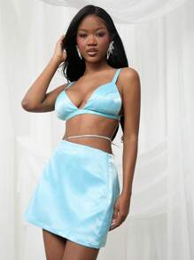 SHEIN Unity Satin Bralette Adjustable Strap Top Simple Fashion Daily Casual - Blue - View 3