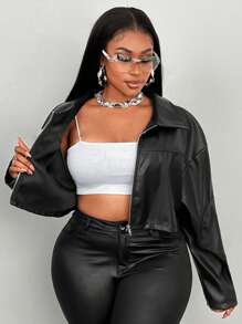 Maweii 大码女式性感短款 PU 皮夹克，长袖，音乐会 - 黑色 - 查看 6