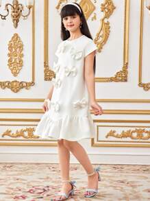SHEIN Tween Girls Casual Elegant 3D Bow Decor, Pearl Embellished Wavy Hem A-Line Knit Solid Color Short Sleeve Dress