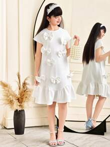 SHEIN Tween Girls Casual Elegant 3D Bow Decor, Pearl Embellished Wavy Hem A-Line Knit Solid Color Short Sleeve Dress