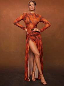 Hauture 冬季女装，女士性感优雅修身棕色抽象印花网眼连衣裙，高开衩长袖，长裙，超长裙。适合约会之夜、音乐会、表演、婚礼、派对、俱乐部、晚会、正式礼服