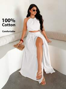 SHEIN SXY 2 件套性感吊带背心和喇叭裙度假装 - 白色 - 查看 3