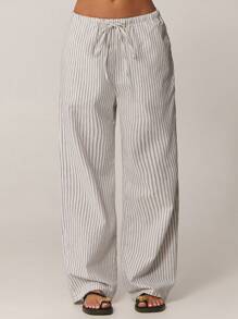 Forever 21 夏季新款松紧腰抽绳海滩度假条纹休闲女式编织长裤 - 彩色 - 查看 6