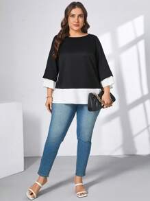 SHEIN Essnce Plus Size Women's Spring And Summer Fashion Casual Loose And Comfortable Daily Black 2 In 1 Three-Quarter Sleeve Shirt, Elegant Slim Top, Spring Outfits, Teacher Clothes, Church Clothes Women, Women Blouse