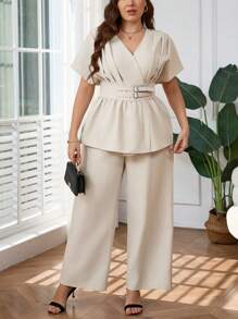 Firerie Plus Size Spring/Summer Comfortable Casual Elegant Daily Office Versatile Bamboo Knit V-Neck Top And Straight Leg Wide Pants 2 Pieces Set For Women