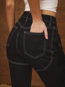 WESTFADE 高腰西部牛仔布混合材质牛仔布和仿麂皮流苏侧边开衩修身喇叭裤音乐节牛仔裤 - 黑色 - 查看 5