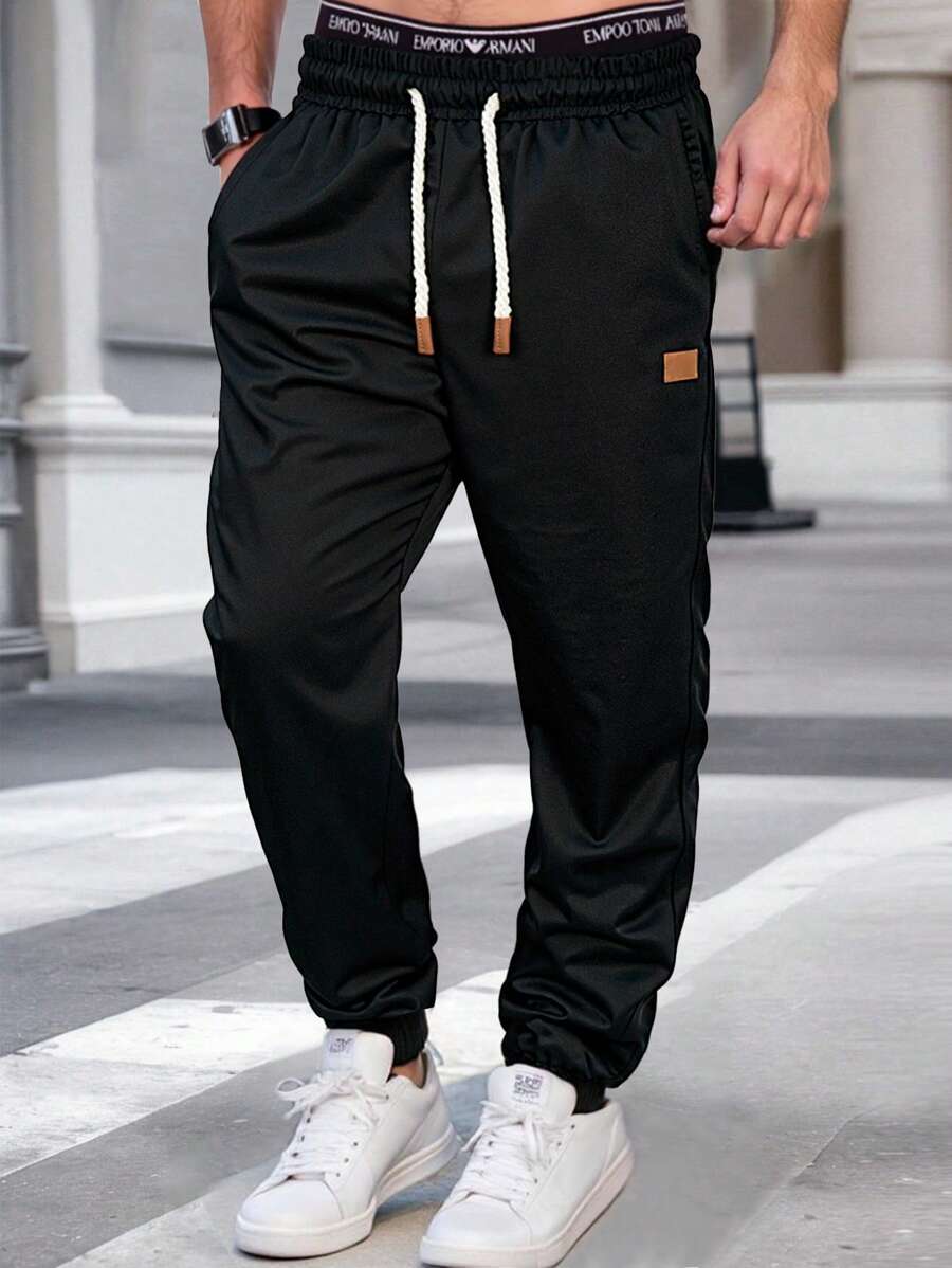 Manfinity Homme 男士经典锥形休闲运动裤，宽松版型，略带弹性，抽绳腰带，经典锥形设计，男士休闲运动裤，宽松弹力腰带，适合日常健身骑行，可作为送给朋友、丈夫、男友的礼物。 - 黑色 - 查看 1