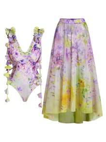 Swim Oasis Bộ đồ bơi liền thân họa tiết hoa lãng mạn dành cho nữ, tua rua màu chuyển tiếp và váy, cho kỳ nghỉ hè ở bãi biển - Nhiều màu - Xem 1
