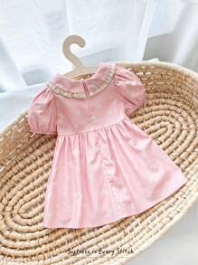 Cozy Pixies Đầm bé gái in hoa màu tương phản cổ bèo nhún tay bồng nhún eo - Hồng - Xem 2