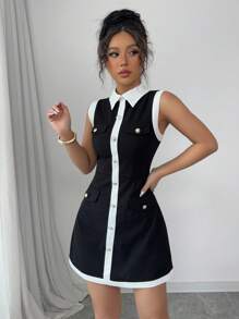 Elenzga Nuevo vestido mini elegante y ajustado con decoración de botones en el cuello para mujeres, apto para primavera/verano