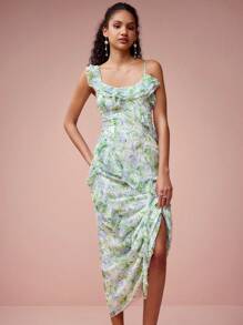 Enchnt Spring/Summer Romantic Women's Green Floral Print Ruffle Suspender Mermaid Maxi Dress,Sweet&Elegant For Birthday&Holiday Party&Wedding Season&Sweet Date &Prom&Garden Parties&Vacation