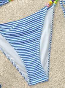 Soleia 2pcs/Set Women's Blue And White Striped Halter Tie Bikini Set,Cute Colorful Beaded Decorative Swim Suits For Women,Summer Holiday Pool Party Beachwear - Blue and White - View 5