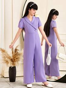 SHEIN Tween Girls Casual Elegant Collared Asymmetric Ruffled Jumpsuit