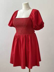 Sweetra Vestido de Manga Balão com Laço nas Costas, Estilo Romântico Minimalista de Princesa, Vestido para Campanha, Férias, Praia, Dia dos Namorados, Páscoa, Casamento, Plus Size, Primavera/Verão
