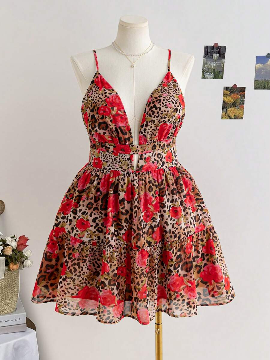 Soleia Plus Size Women Red Sequin,Summer,Girlism,Vacation,Holiday Leopard & Flower Print Waisted A-Line Backless Mini Dress,Music Festival Boho Style - Multicolor - View 1