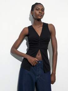 Maija Blusa larga de mujer con cuello en V negro sólido, diseño fruncido, sin mangas, apta para usarse en resorts y festivales