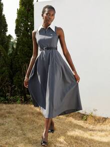 Aveloria Modichic Vestido largo elegante minimalista de alta gama para mujer con cremallera oculta delante y en la cintura, sin mangas y con cinturón de PU