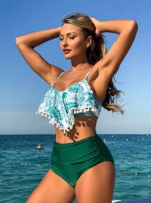 SHEIN Swim Urlaubs-Vibes Damen Palmen-Muster Bademode Bikini Set für Sommer Strand Urlaub - Grün - Übersicht 5
